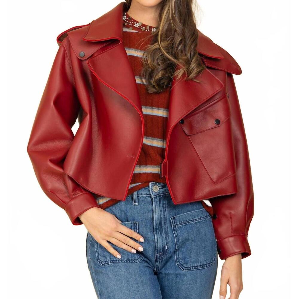 NEW JESSIE LIU lambskin moto jacket in red